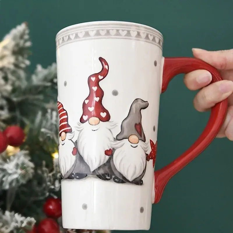 550ml Christmas Ceramic Mug Cartoon Elk Embossed Pattern Large Capacity Goblet Breakfast Milk Drinking Cup Christmas Gifts