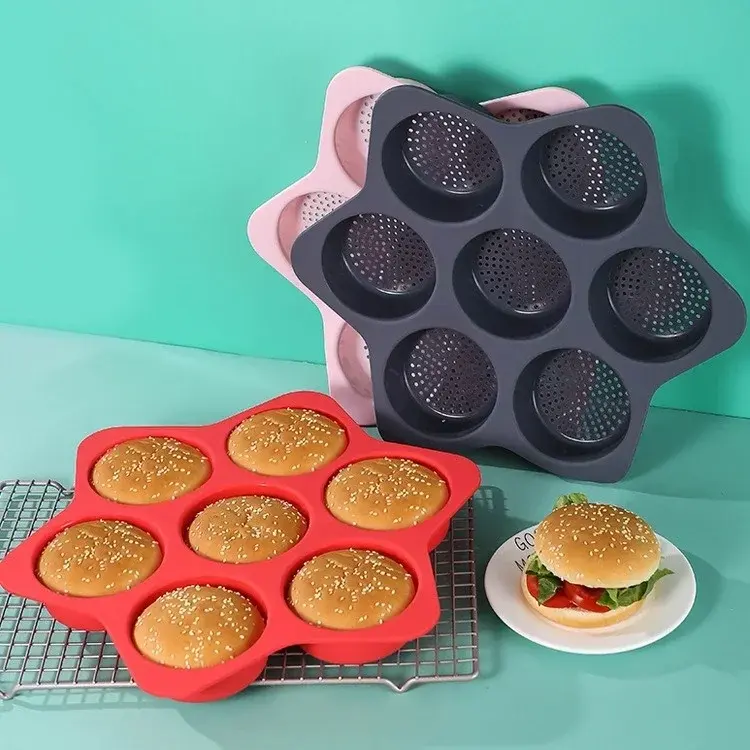 1Pcs 6 Hole Hamburger Mold Silicone Baking Tool Household High-temperature Resistant Hamburger Mold Oven Baking Plate Bread Mold