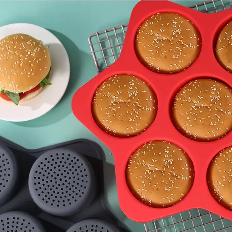1Pcs 6 Hole Hamburger Mold Silicone Baking Tool Household High-temperature Resistant Hamburger Mold Oven Baking Plate Bread Mold