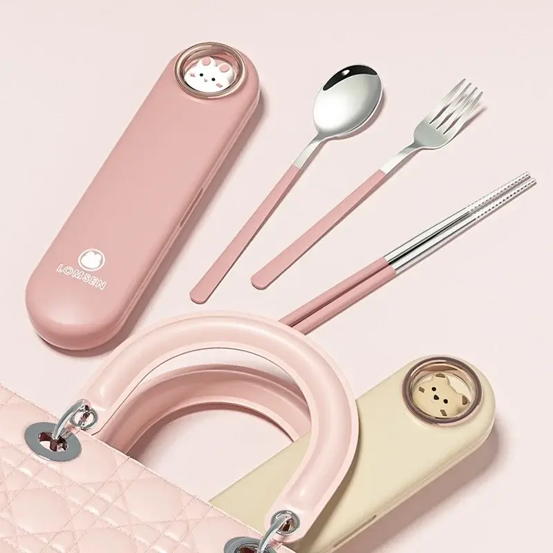 Portable Cutlery Set With Case Camping Kawaii Travel Student Tableware for Kids Stainless Steel Spoon Fork Chopsticks With Box