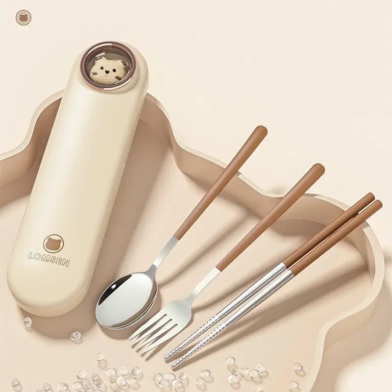 Portable Cutlery Set With Case Camping Kawaii Travel Student Tableware for Kids Stainless Steel Spoon Fork Chopsticks With Box