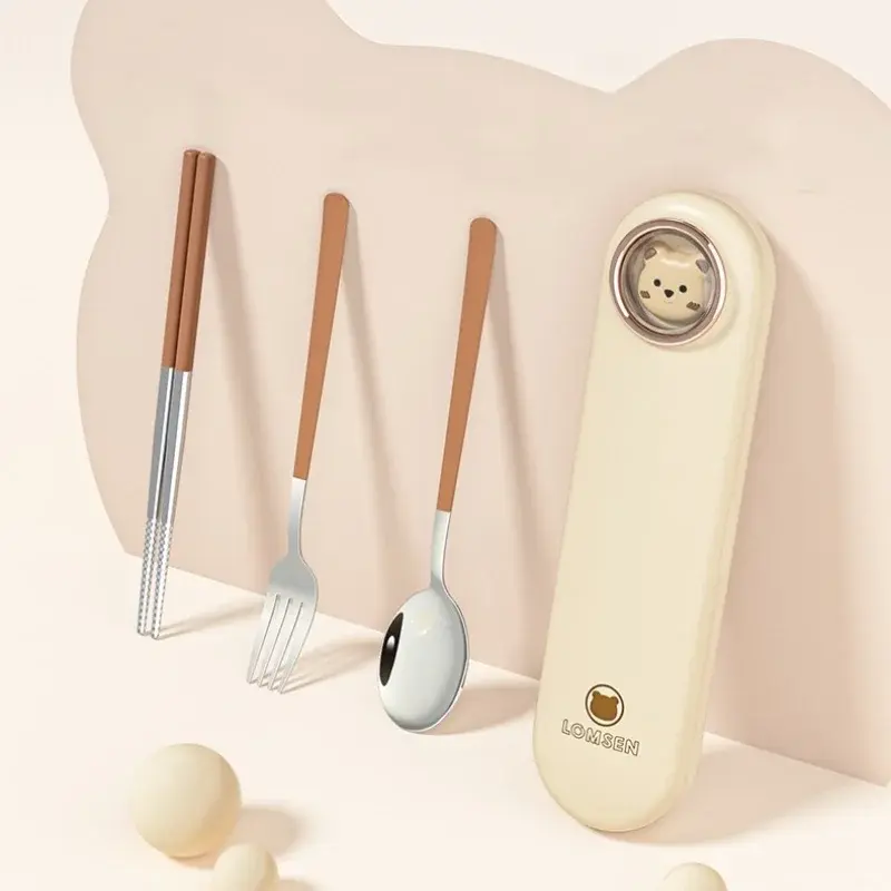 Portable Cutlery Set With Case Camping Kawaii Travel Student Tableware for Kids Stainless Steel Spoon Fork Chopsticks With Box