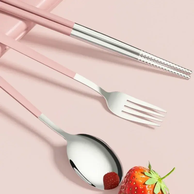 Portable Cutlery Set With Case Camping Kawaii Travel Student Tableware for Kids Stainless Steel Spoon Fork Chopsticks With Box