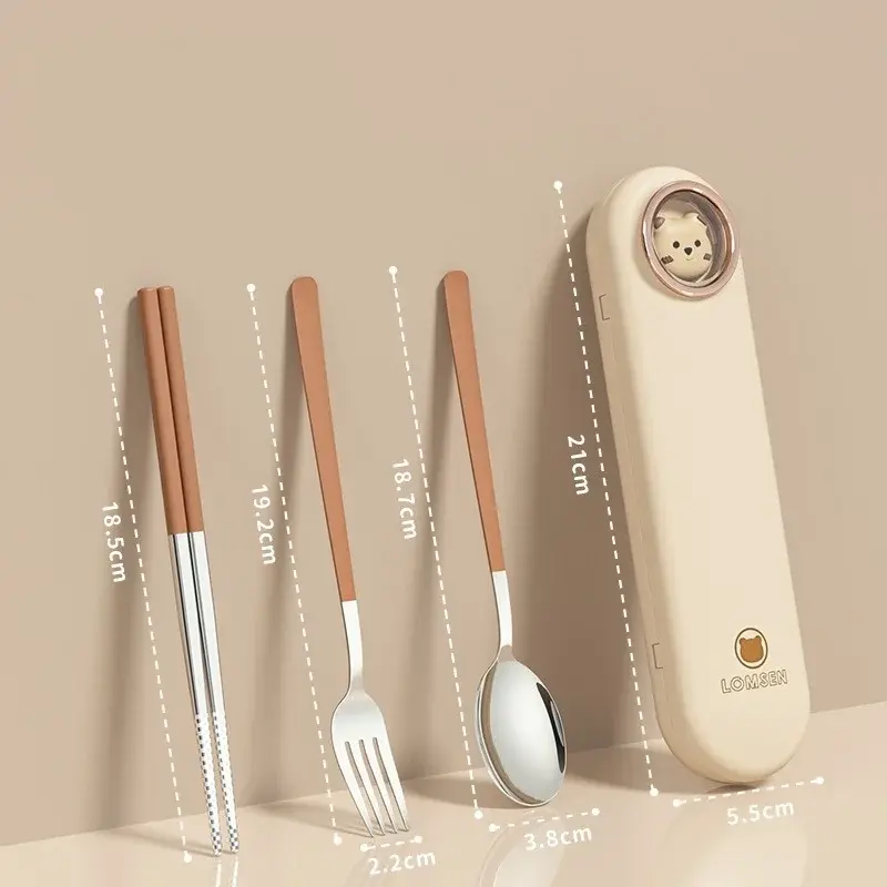 Portable Cutlery Set With Case Camping Kawaii Travel Student Tableware for Kids Stainless Steel Spoon Fork Chopsticks With Box