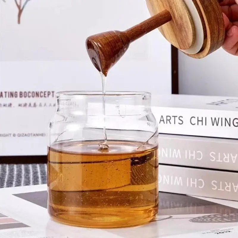 Honey Jar High Borosilicate Glass Sealed Tank Mixing Rod with Wooden Cover Transparent Honey Bottle Kitchen Storage Containers