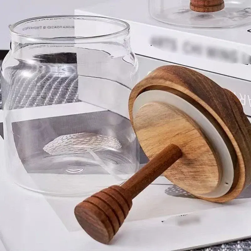 Honey Jar High Borosilicate Glass Sealed Tank Mixing Rod with Wooden Cover Transparent Honey Bottle Kitchen Storage Containers