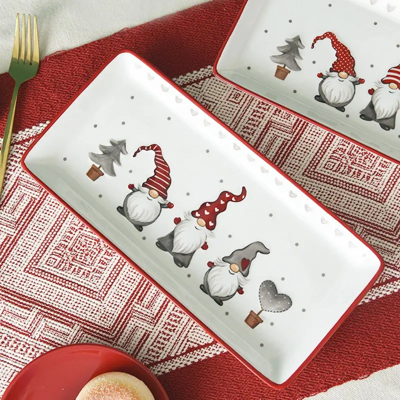 Christmas Ceramic Rectangular Plate Santa Relief Pattern Kitchen Household Tableware Shallow Plate Creative Western Steak Plate