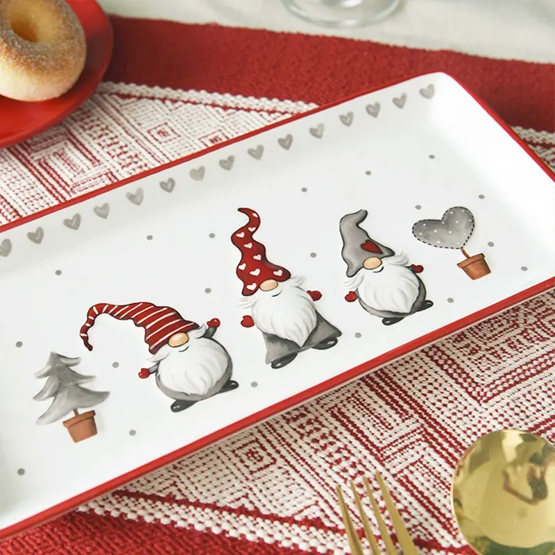 Christmas Ceramic Rectangular Plate Santa Relief Pattern Kitchen Household Tableware Shallow Plate Creative Western Steak Plate