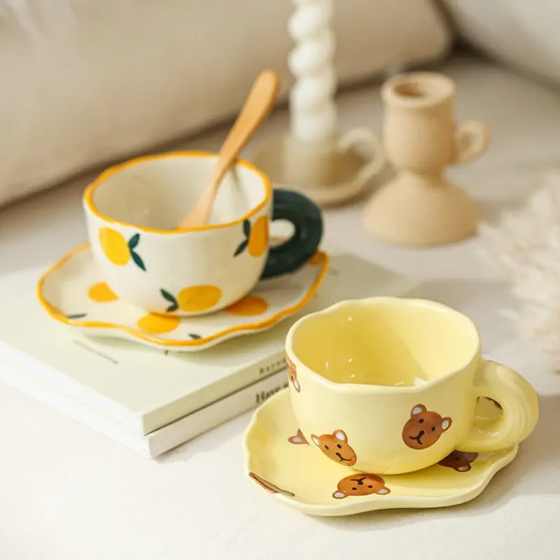 180ml Cute Hand-kneaded Ceramic Coffee Mug and Saucer Creative Hand-painted Afternoon Tea Cup with Saucer Girl's Scented Tea Cup