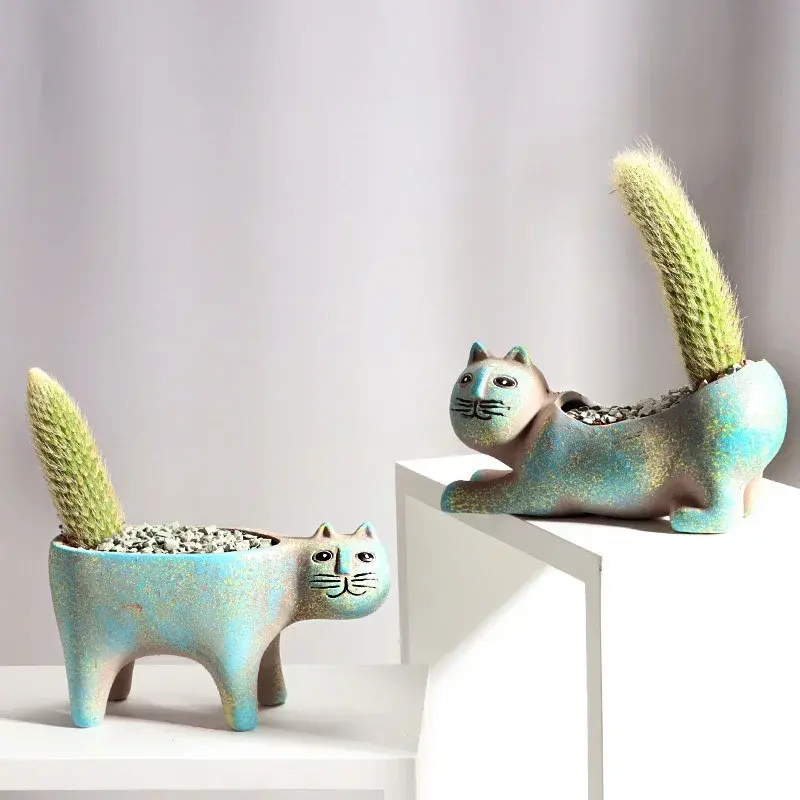 Room Accessories Ceramic Flower Pot Cute Cat Succulent Plant Pots Vase Simulation Animal Cartoon Pots Planters for Indoor Plants