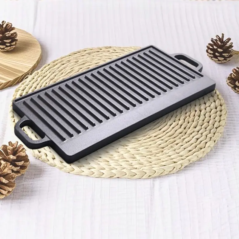 Cast Iron Barbecue Tray Double Sided Baking Tray Uncoated Double-eared Fried Tray Household Striped Barbecue Tray Iron Plate