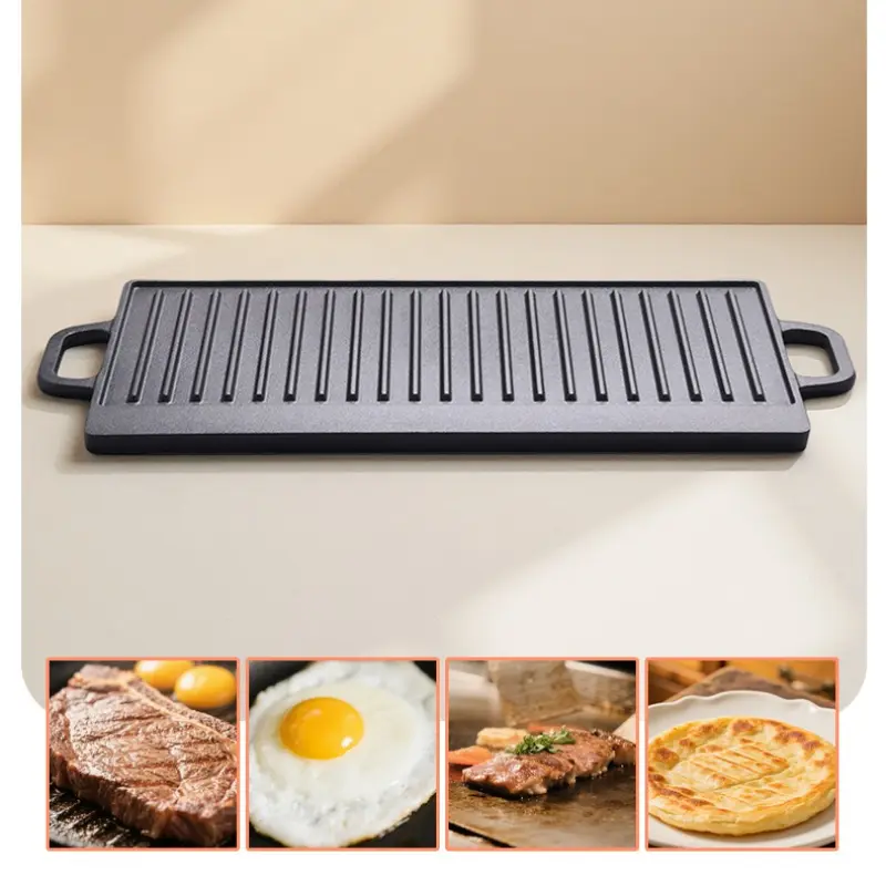 Cast Iron Barbecue Tray Double Sided Baking Tray Uncoated Double-eared Fried Tray Household Striped Barbecue Tray Iron Plate