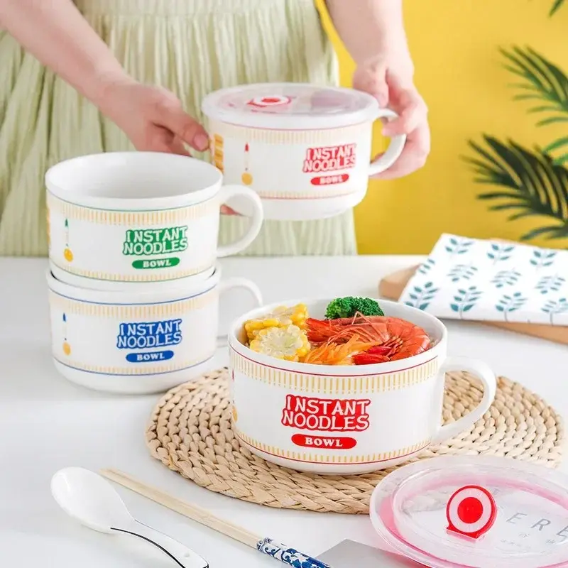 Ceramic Noodle Bowl Soup Bowl with Lid Salad Lunch Box Large Capacity Food Container Office School Dormitory Camping Supplies