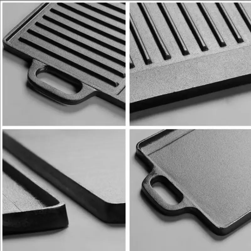Cast Iron Barbecue Tray Double Sided Baking Tray Uncoated Double-eared Fried Tray Household Striped Barbecue Tray Iron Plate