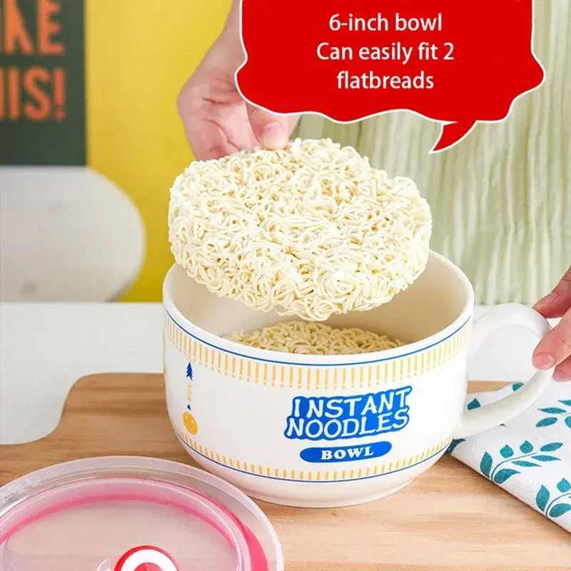 Ceramic Noodle Bowl Soup Bowl with Lid Salad Lunch Box Large Capacity Food Container Office School Dormitory Camping Supplies