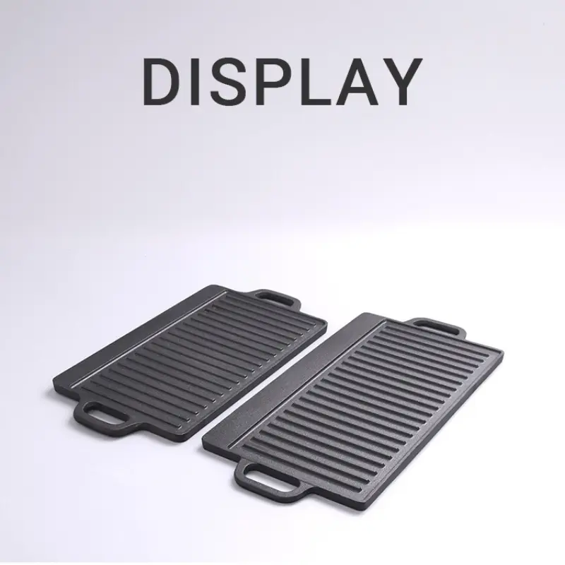 Cast Iron Barbecue Tray Double Sided Baking Tray Uncoated Double-eared Fried Tray Household Striped Barbecue Tray Iron Plate