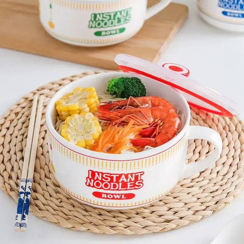 Ceramic Noodle Bowl Soup Bowl with Lid Salad Lunch Box Large Capacity Food Container Office School Dormitory Camping Supplies