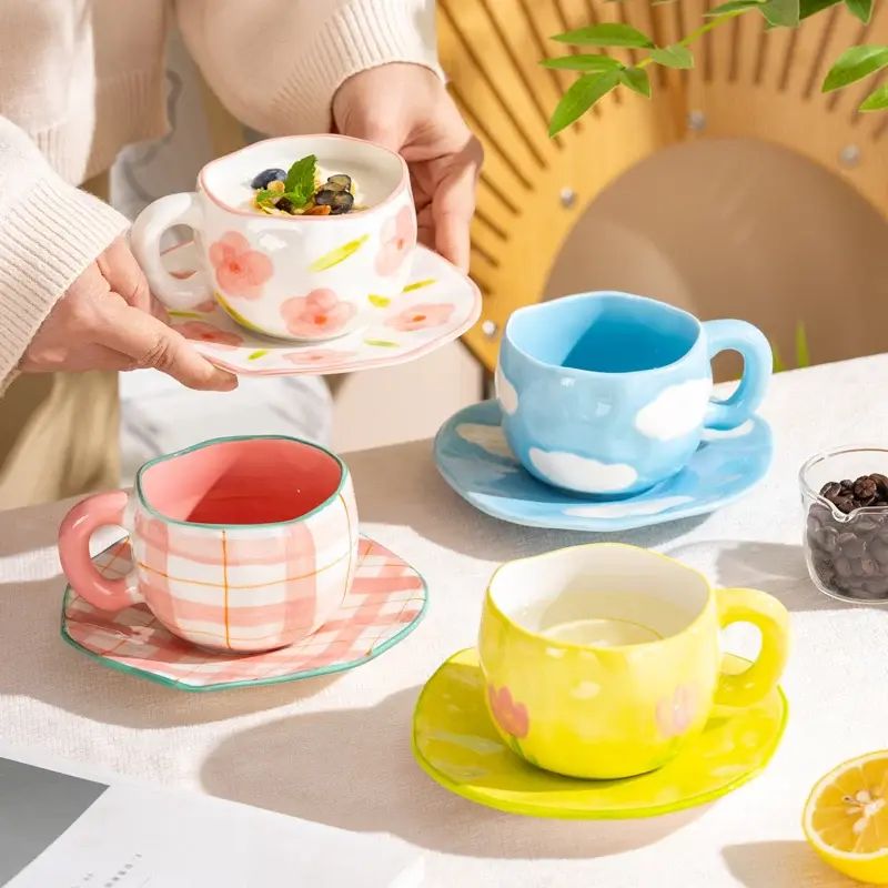 300ML Hand Pinched Ceramic Mug Cute Pattern Irregular Coffee Cup Breakfast Milk Oatmeal Mugs Afternoon Tea Cups Creative Gifts