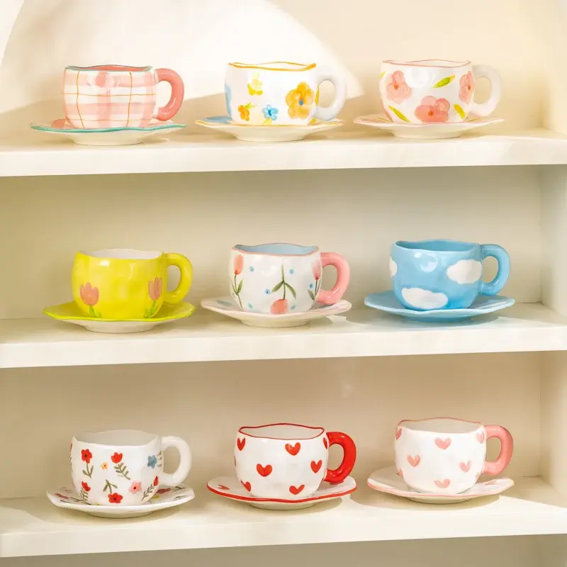 300ML Hand Pinched Ceramic Mug Cute Pattern Irregular Coffee Cup Breakfast Milk Oatmeal Mugs Afternoon Tea Cups Creative Gifts