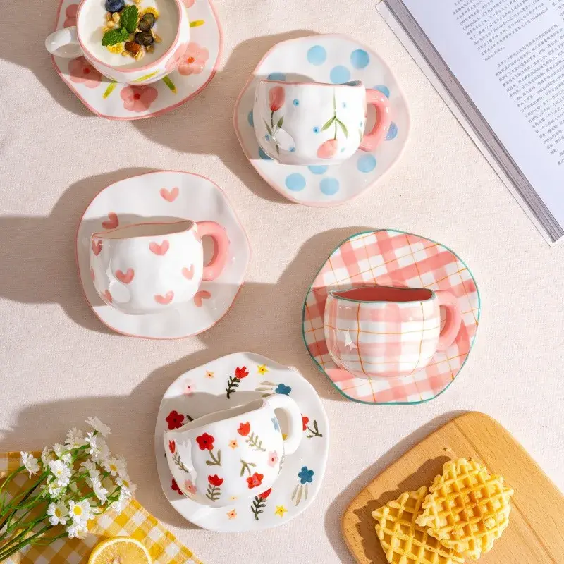 300ML Hand Pinched Ceramic Mug Cute Pattern Irregular Coffee Cup Breakfast Milk Oatmeal Mugs Afternoon Tea Cups Creative Gifts
