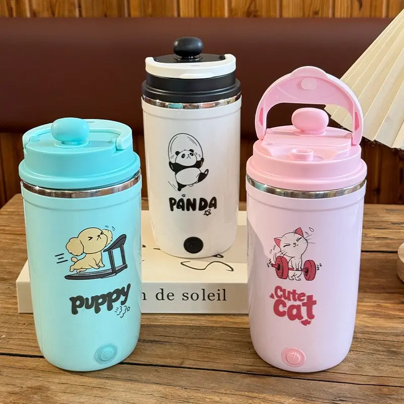 500ml Automatic Mixing Cup Stainless Steel Thermos Cup USB Charging Double Drink Coffee Cup Portable Straw Cup Insulation Cup