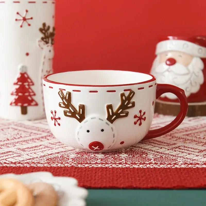 Nordic Christmas Ceramic Mug Coffee Cup Santa Elk Emboss Pattern Breakfast Milk Oatmeal Cup Goblet Christmas Decoration Gift