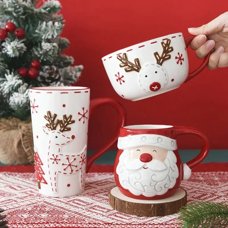 Nordic Christmas Ceramic Mug Coffee Cup Santa Elk Emboss Pattern Breakfast Milk Oatmeal Cup Goblet Christmas Decoration Gift