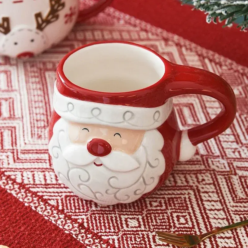 Nordic Christmas Ceramic Mug Coffee Cup Santa Elk Emboss Pattern Breakfast Milk Oatmeal Cup Goblet Christmas Decoration Gift