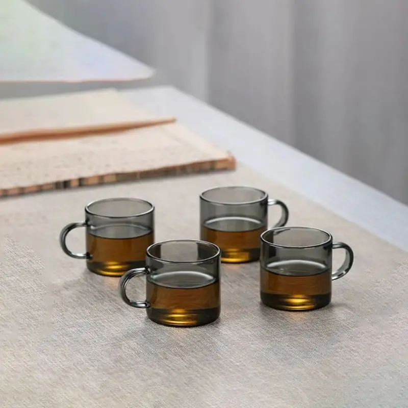 PIGE HOME 3/6/12Pcs Glass Teacup Set Thickened Heat-resistant Guanhai Teacup 100ml Smoke Grey Small Handle Cup Kung Fu Teacup