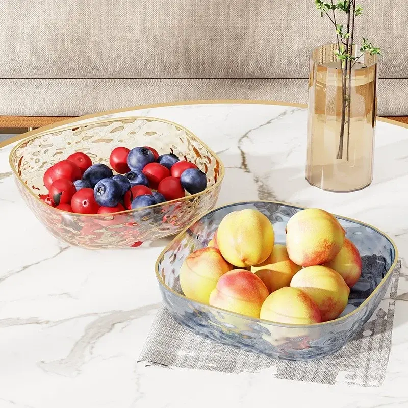Simple Plastic Fruit Plate Dried Fruit Tray Multifunctional Snack Tray with Gold Edge Smooth Fruit Salad Dessert Cookies Bowl