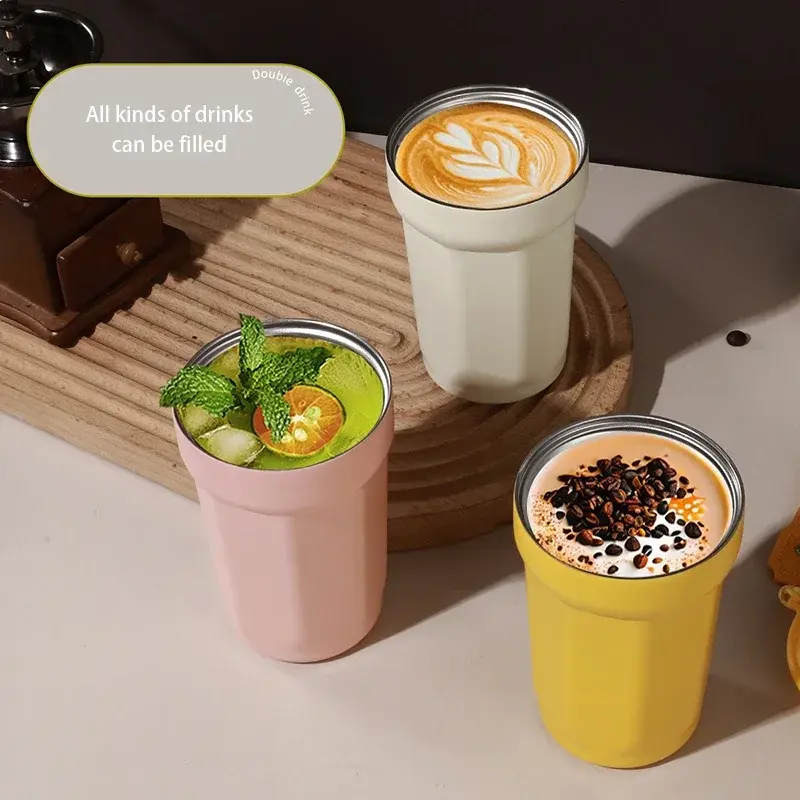 Portable Coffee Cup Double Layer Stainless Steel Thermos Cups with Rope Pure Color Leak-Proof Outdoor Travel Office Water Bottle