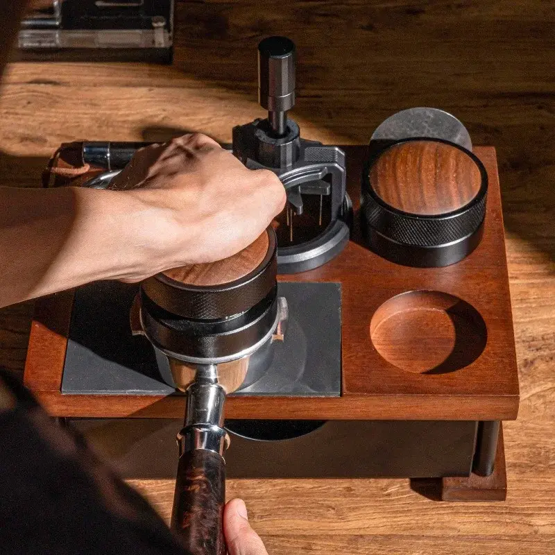 51-58mm Coffee Powder Press Stand with Knock Box Solid Wood Coffee Organizer Box for Portafilter Tamper Distributor &Puck Screen