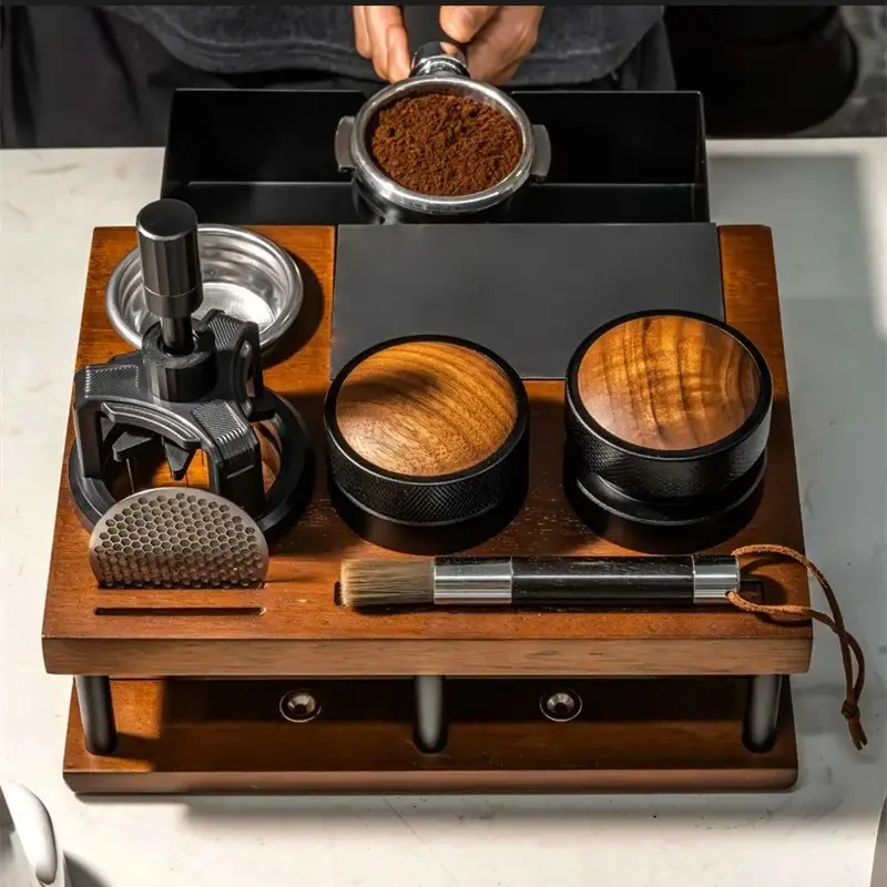 51-58mm Coffee Powder Press Stand with Knock Box Solid Wood Coffee Organizer Box for Portafilter Tamper Distributor &Puck Screen