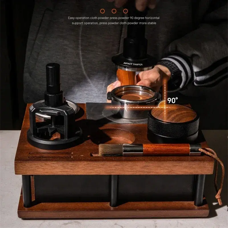 51-58mm Coffee Powder Press Stand with Knock Box Solid Wood Coffee Organizer Box for Portafilter Tamper Distributor &Puck Screen
