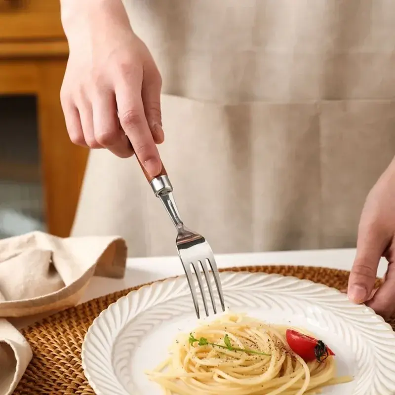 Stainless Steel Tableware Set Wooden Handle Knife Fork Spoon Cutlery Coffee Dessert Spoon Restaurant Utensil Kitchen Gadgets
