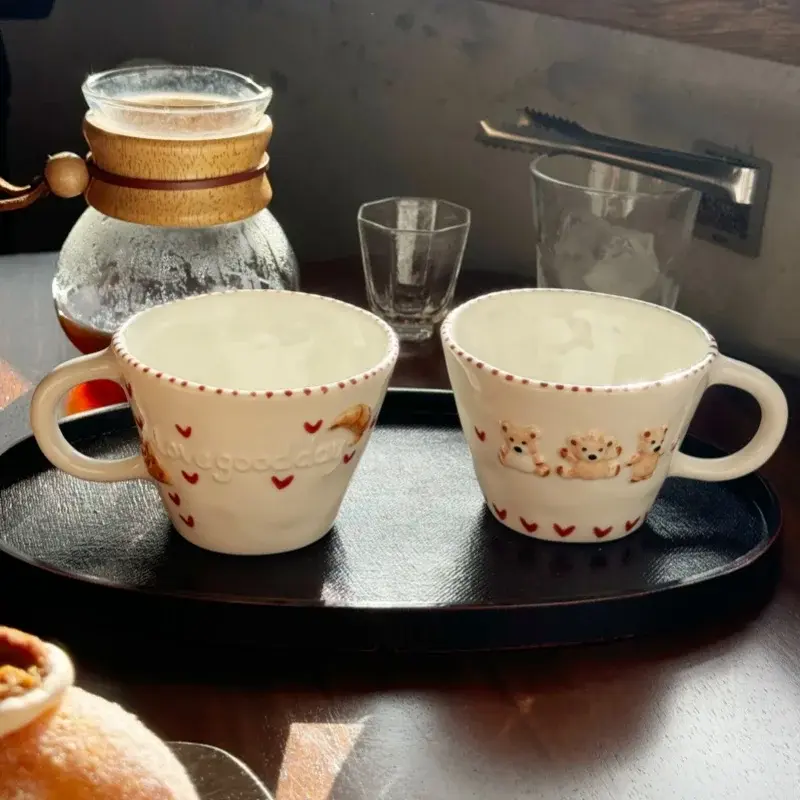 Hand-painted Relief Mug Underglaze Colored Ceramic Coffee Cup with Handle Bear Waffles Breakfast Milk Cup Oatmeal Brewing Cup