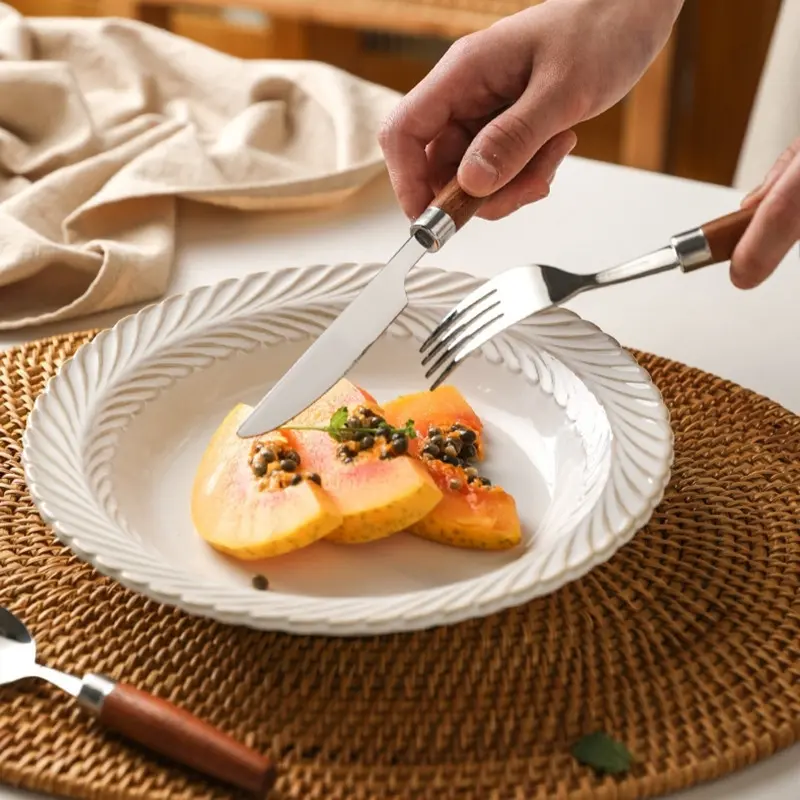 Stainless Steel Tableware Set Wooden Handle Knife Fork Spoon Cutlery Coffee Dessert Spoon Restaurant Utensil Kitchen Gadgets