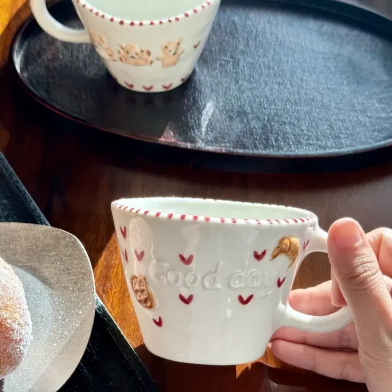 Hand-painted Relief Mug Underglaze Colored Ceramic Coffee Cup with Handle Bear Waffles Breakfast Milk Cup Oatmeal Brewing Cup
