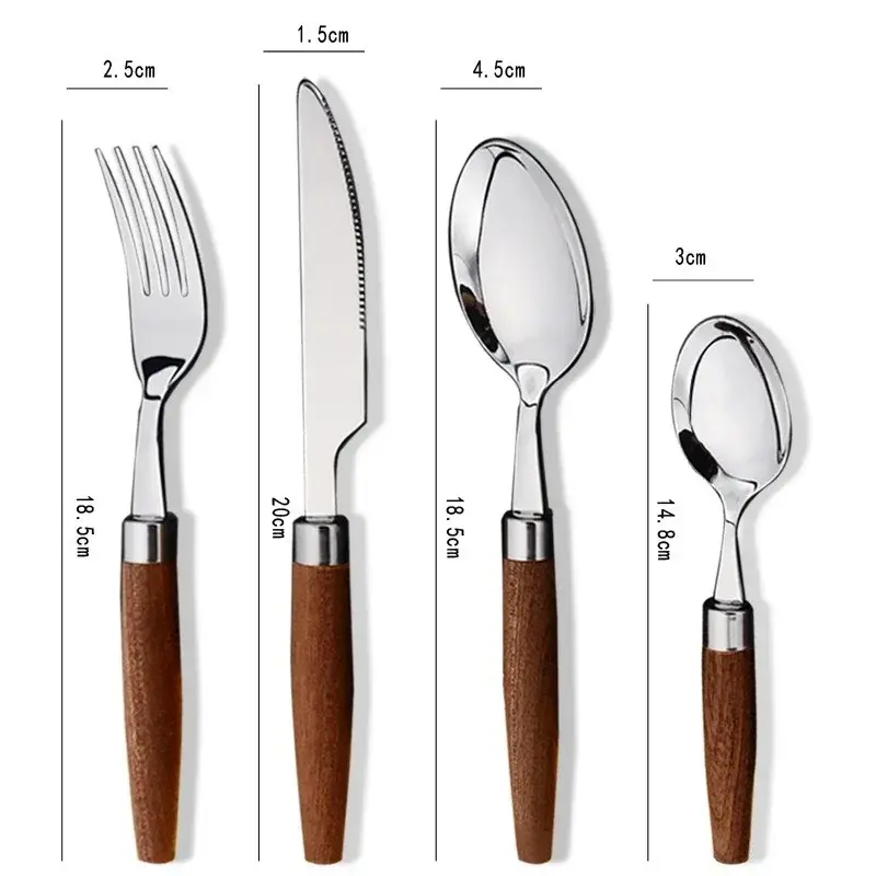 Stainless Steel Tableware Set Wooden Handle Knife Fork Spoon Cutlery Coffee Dessert Spoon Restaurant Utensil Kitchen Gadgets