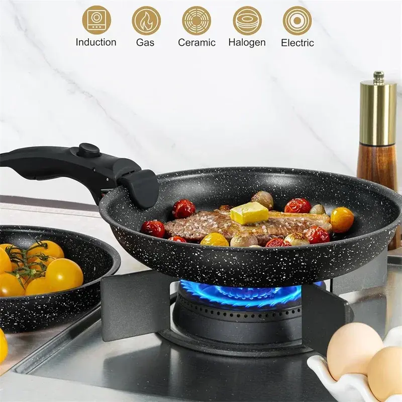 MICHELANGELO 2Pcs Set Non-stick Frying Pan Set with Removable Silicone Handle Granite Coated Aluminum Frying Pan Oven Suitable