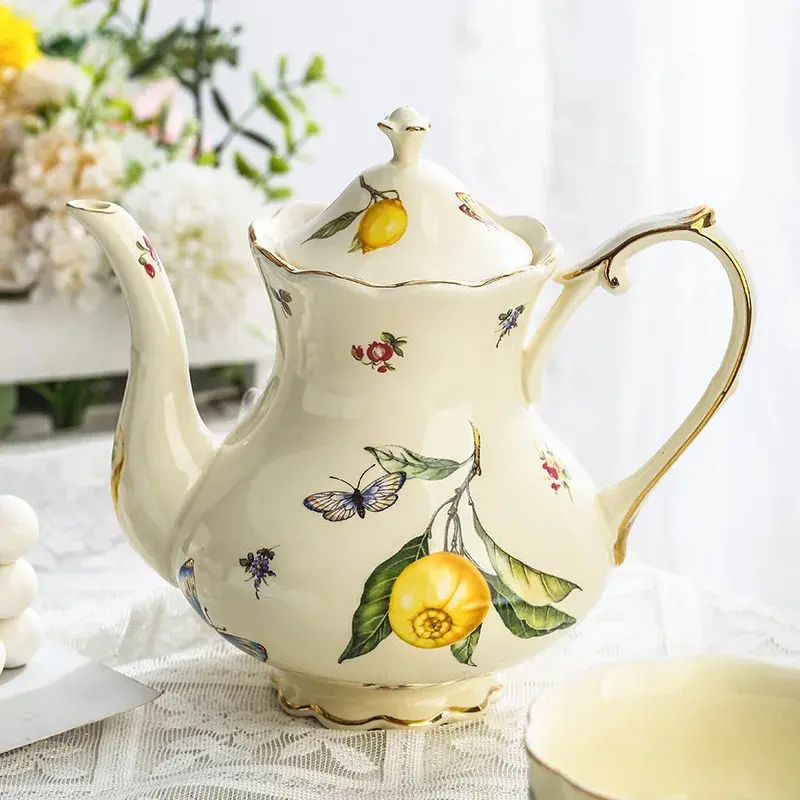 European Coffee Cup and Saucer Teapot Afternoon Tea Cup Lemon Pattern Ceramic Teacup Kettle Dessert Plate Drinking Utensil Gifts