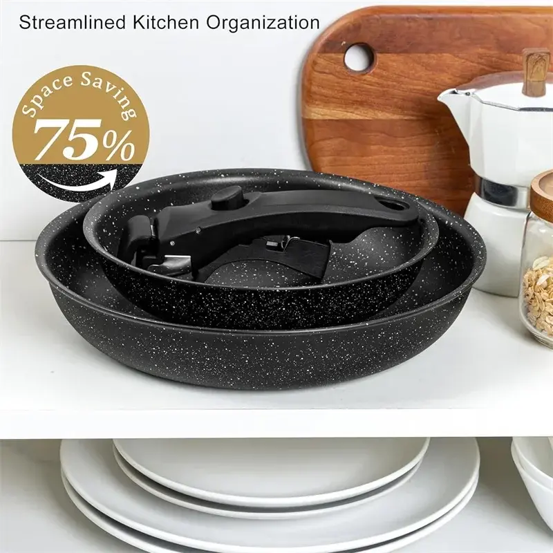 MICHELANGELO 2Pcs Set Non-stick Frying Pan Set with Removable Silicone Handle Granite Coated Aluminum Frying Pan Oven Suitable