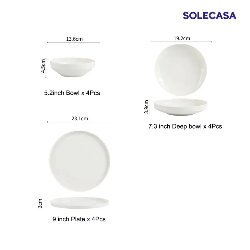 SOLECASA Ceramic Dinnerware Sets White Porcelain Bowls and Plates Scratch Resistant Dish Fruit Spaghetti Dinner Plate Dishes