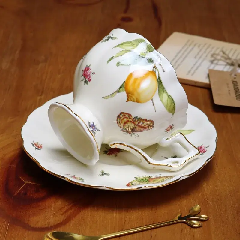 European Coffee Cup and Saucer Teapot Afternoon Tea Cup Lemon Pattern Ceramic Teacup Kettle Dessert Plate Drinking Utensil Gifts