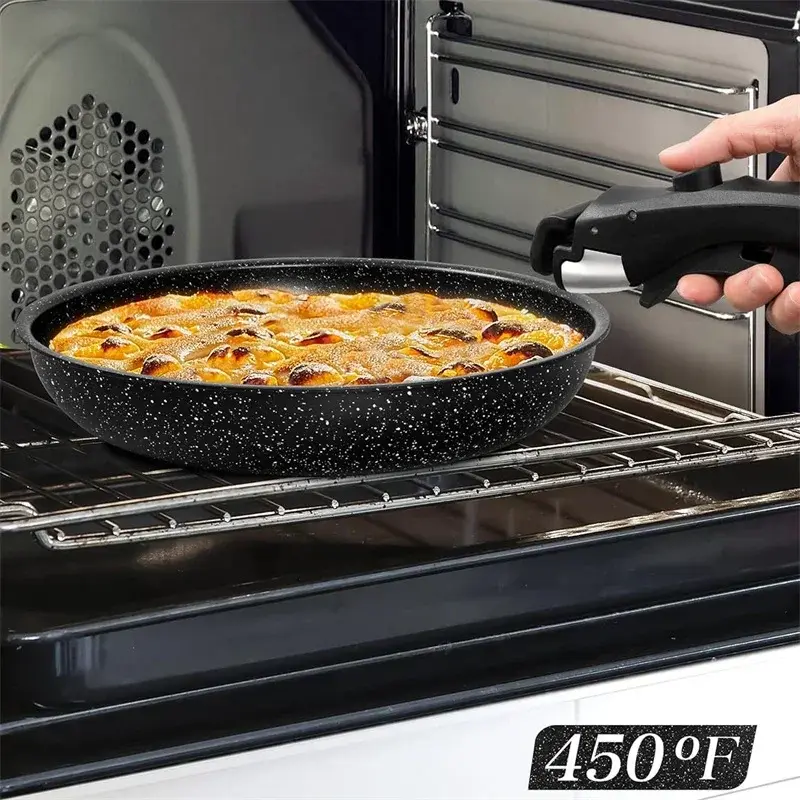 MICHELANGELO 2Pcs Set Non-stick Frying Pan Set with Removable Silicone Handle Granite Coated Aluminum Frying Pan Oven Suitable