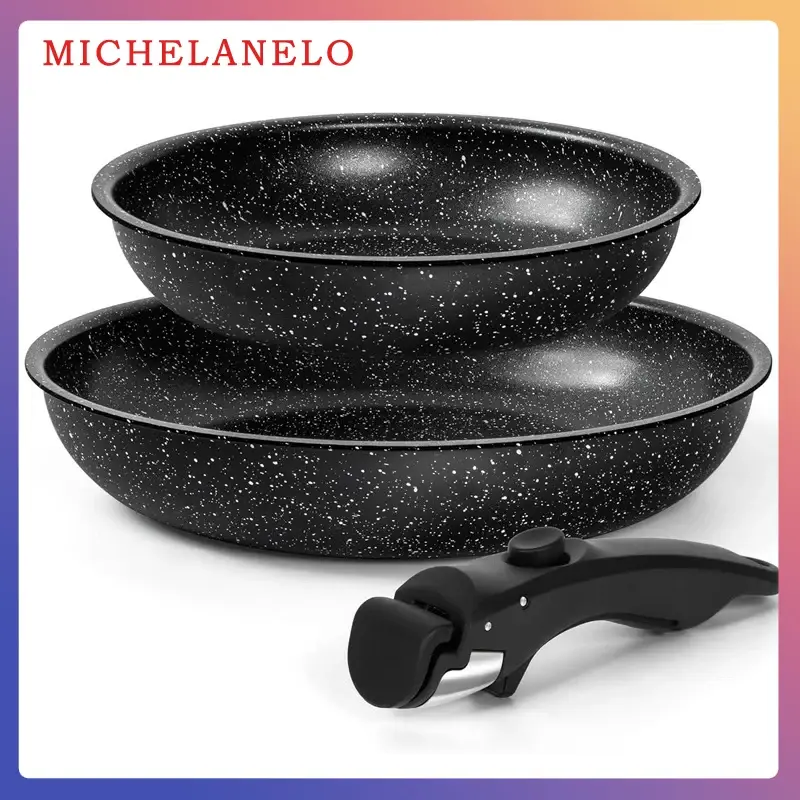 MICHELANGELO 2Pcs Set Non-stick Frying Pan Set with Removable Silicone Handle Granite Coated Aluminum Frying Pan Oven Suitable