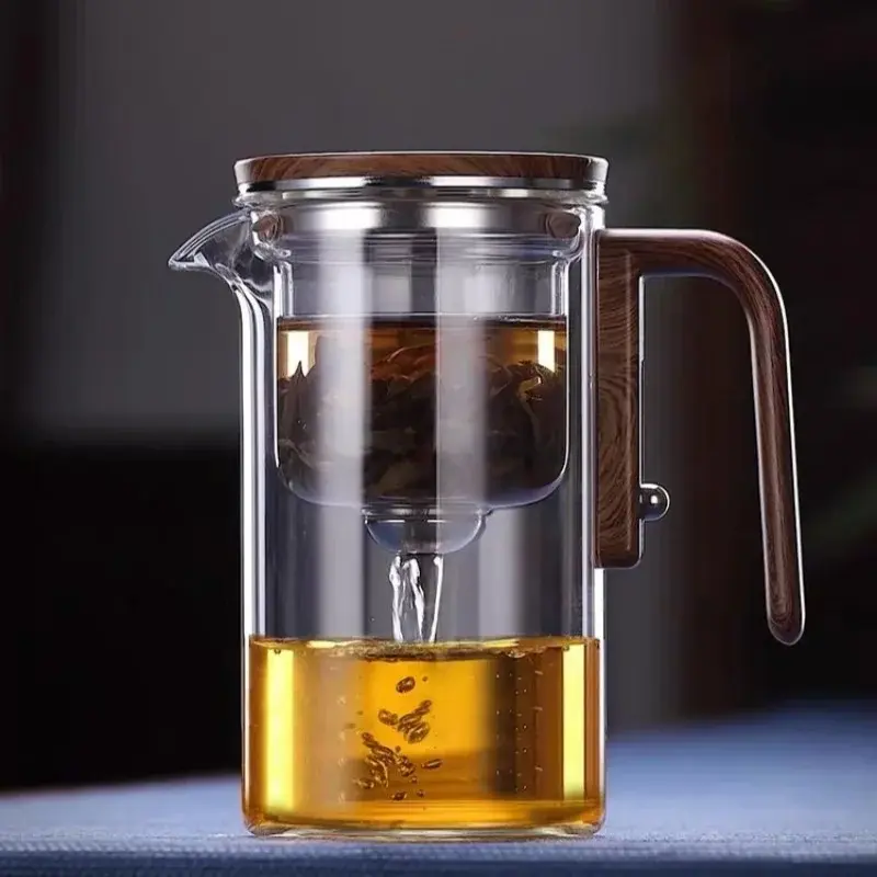 600/800ML Glass Teapot Water Separation Inner Container One Click Magnetic Switch Tea Pot with Wooden Handle Household Teaware