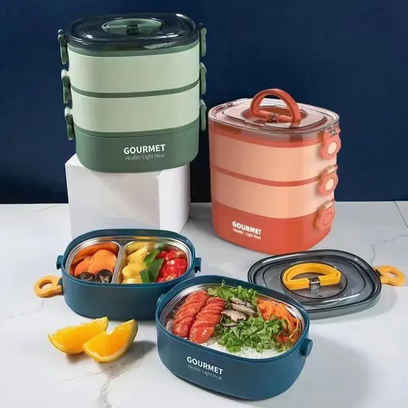 2000ML Lunch Box Stainless Steel Portable 3 Layer Children Student Bento Box Leakproof Microwavable Food Container School Travel