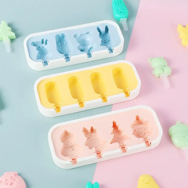 Cartoon Animals Silicone Ice Cream Mold Easy Popsicle Molds with Lid and sticks DIY Homemade Ice Lolly Ice Cream Bar Pop Molds