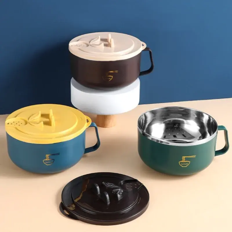 Stainless Steel Instant Noodle Bowl Double-Layer Anti-Scalding Lunch Box Fruit Ramen Soup Bowls Kitchen Tableware Food Container